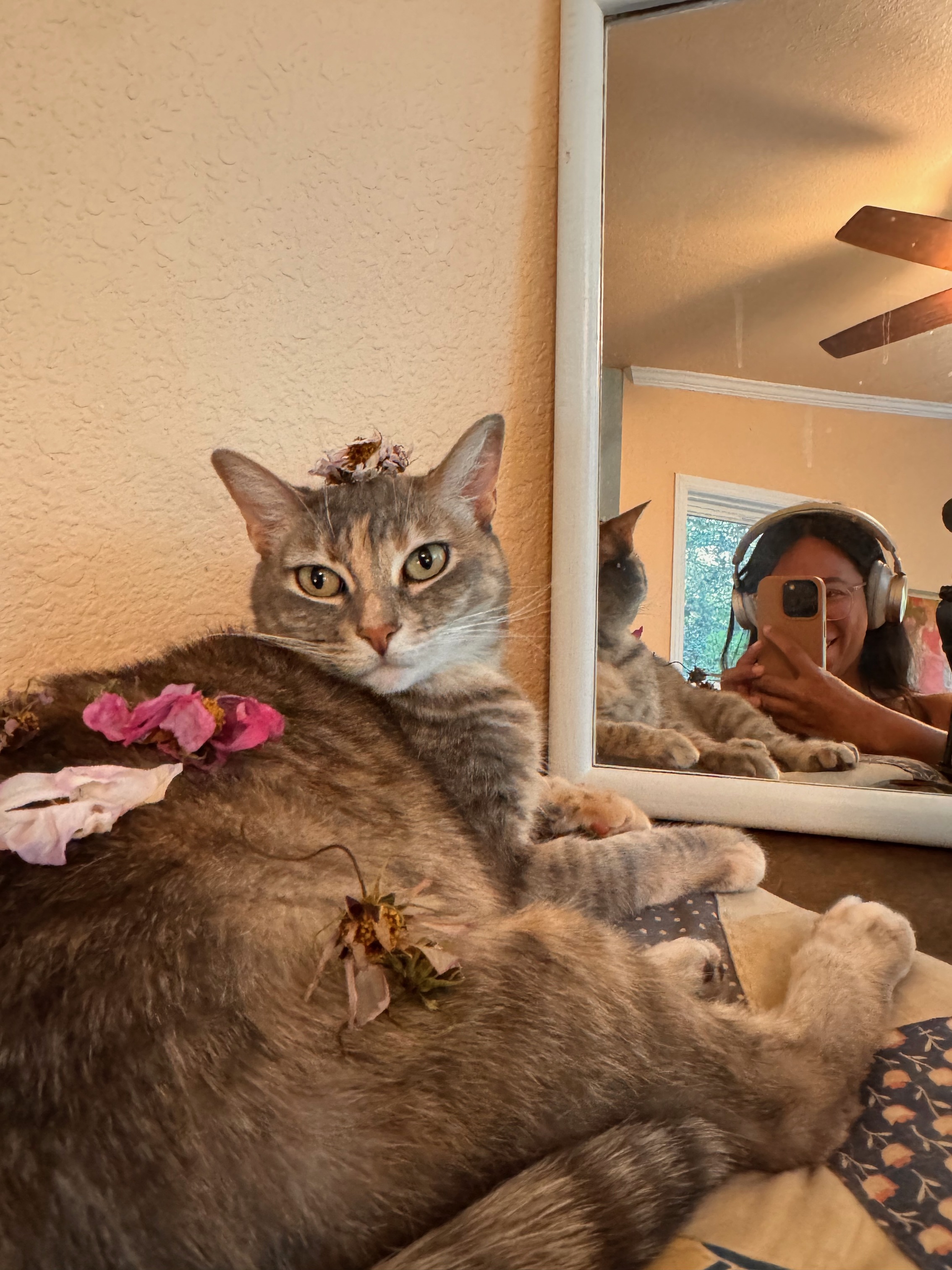 Nica's cat, Hanako, covered in flowers with her in the background